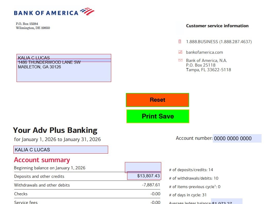 January 2026 Bank of America (Personal) Bank Statement Template