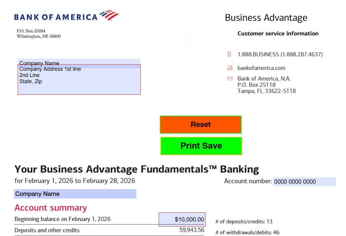 February 2026 Bank of America (Business) Bank Statement Template