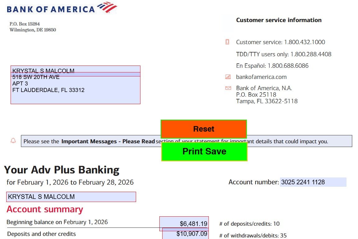 February 2026 Bank of America (Personal) Bank Statement Template