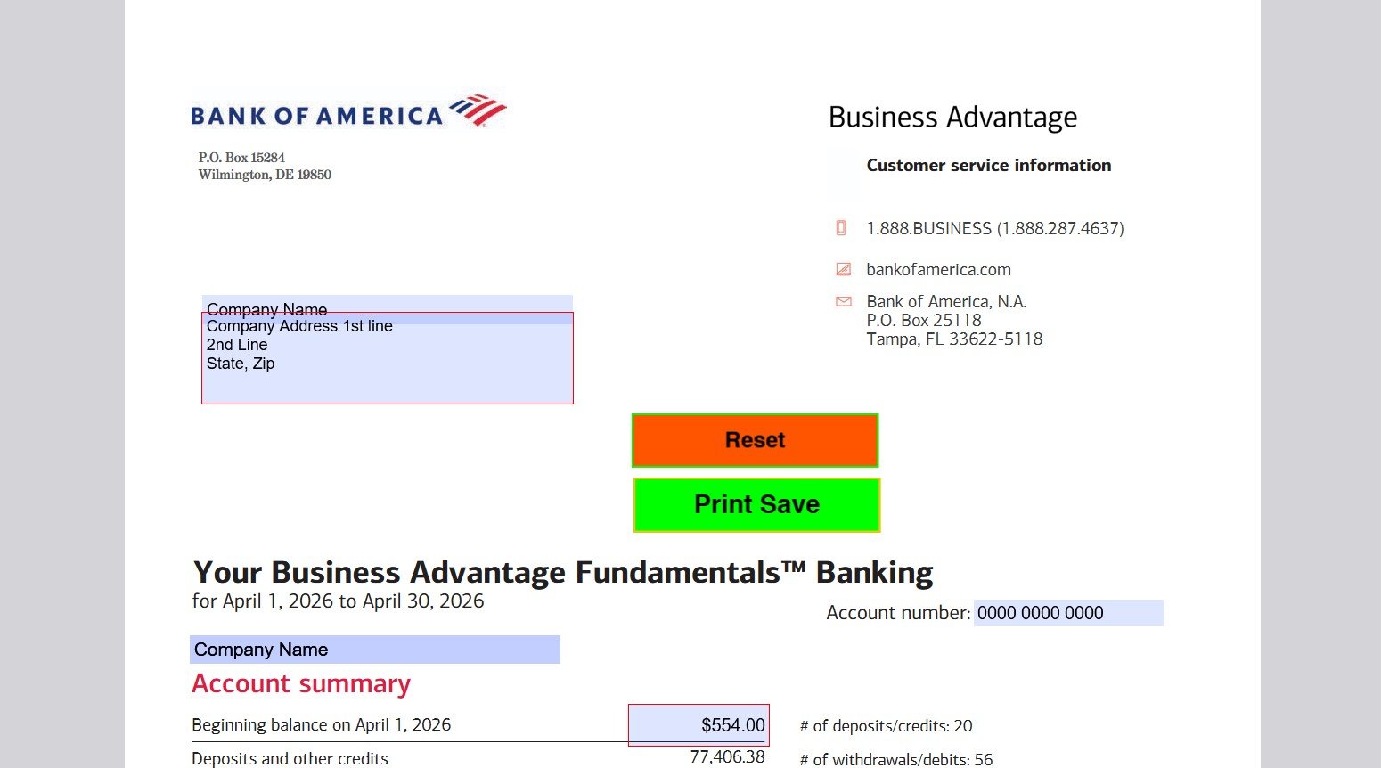 April 2026 Bank of America (Business) Bank Statement Template